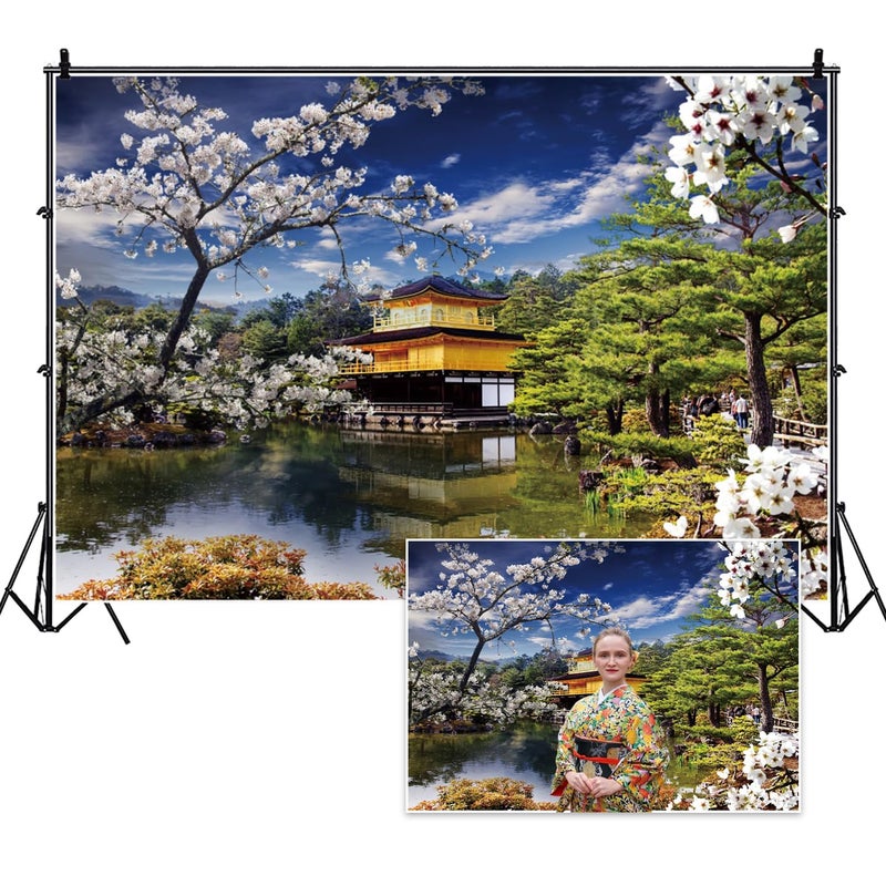 DORCEV Background for Spring Japan Scenery Photography Backdrop Japanese Temple White Cherry Landscape Asian Travel Themed Birthday Party Wedding Portrait Photo Studio Props Wallpaper - Image 1